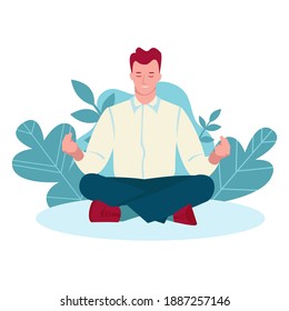 Hombre joven meditando en la naturaleza, entre plantas, hojas. Concepto vectorial de un estilo de vida saludable, salud mental, relajación. Ilustración al estilo de caricatura plana. Aislado sobre un fondo blanco.