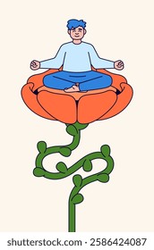  Young man meditating on a large flower serene cartoon illustration representing peace and mindfulness hand drawn style