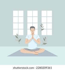 Young man meditating on natural background. Self care, love yourself icon or body positive concept.Hand draw style. Vector illustration.