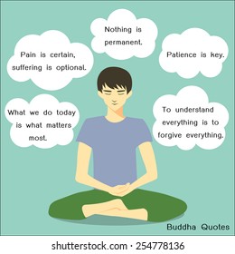 Young man meditating in peace for any spiritual and inner peace with bubble speeches of Buddha quotes,vector illustration.