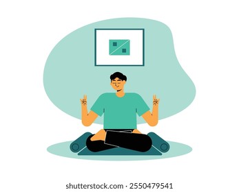 Joven meditando sentado con las piernas cruzadas en la estera con los ojos cerrados y ambas manos formando el símbolo 'Namaste' frente al pecho, mostrando calma y paz, Ilustración vectorial.