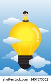 Young man meditating man sitting on abstract lamp. Cloudy sky background. illustration, vector.
