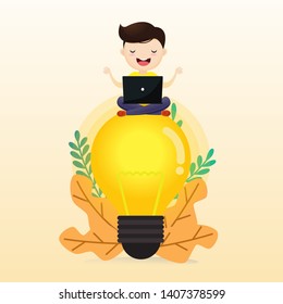 Young man meditating man sitting on abstract lamp. Cloudy sky background. illustration, vector.
