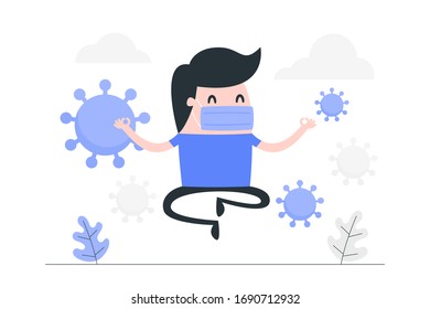 Young man meditating and wearing medical mask against the virus. Keep calm concept illustration.