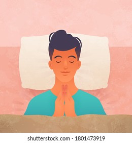 Young man meditating while sleeping flat cartoon vector illustration. meditation and good sleep concept.