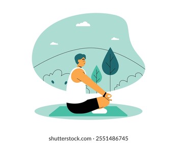 Young man meditating in the wild, his facial expression is calm and peaceful, with his eyes closed against the background of the sky with white clouds, green hills and trees, vector illustration.