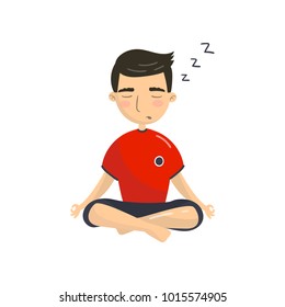 Young man meditating in yoga lotus position, office worker relaxing and sleeping cartoon vector Illustration