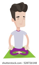 Young man meditating in yoga lotus pose. Caucasian sportsman relaxing in the yoga lotus position. Sporty man doing yoga on the mat. Vector flat design illustration isolated on white background.