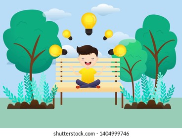 Young man meditation a great idea sitting in the park. Business idea concept. vector, illustration.