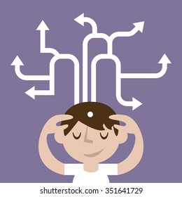 Young man meditation, with a lot of thoughts, concentrated, mindfulness, ideas