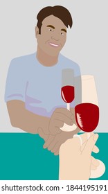 Young Man With Mediterranean Appearance Cheers With His Glass Of Red Wine.