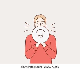  young man with megaphone. Hand drawn style vector design illustrations.