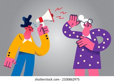 Young man with megaphone scream to senior grandmother having problems with hearing. Grandchild yell shout in loudspeaker to old granny with deafness. Flat vector illustration. 