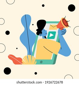 young man with megaphone in smartphone vector illustration design