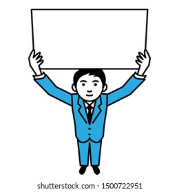 Young man with message board on white background. Vector illustration.
