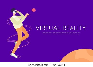 A young man in the metaverse. Virtual reality banner, poster, websites. Hand drawn vector illustration