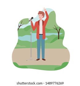 young man with microphone in background landscape