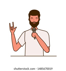 young man with microphone on white background