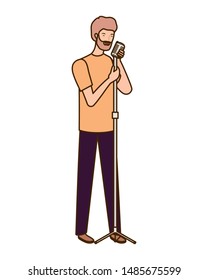 young man with microphone on white background