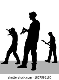 Young man with a microphone reads a rap. Stylized image on theme of hip hop