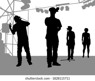 Young man with a microphone reads a rap. Stylized image on theme of hip hop