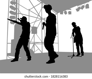 Young man with a microphone reads a rap. Stylized image on theme of hip hop