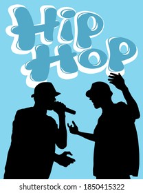 Young man with a microphone reads a rap. Stylized image on theme of hip hop