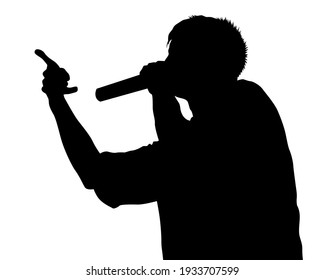 Young man with a microphone reads a rap. Stylized image on theme of hip hop