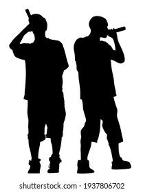 Young man with a microphone reads a rap. Stylized image on theme of hip hop