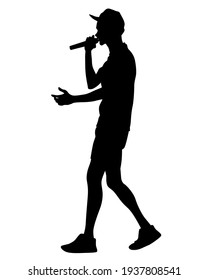 Young man with a microphone reads a rap. Stylized image on theme of hip hop