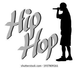 Young man with a microphone reads a rap. Stylized image on theme of hip hop