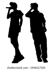 Young man with a microphone reads a rap. Stylized image on theme of hip hop