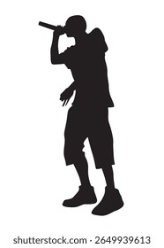 Young man with a microphone reads a rap. Stylized image on theme of hip hop
