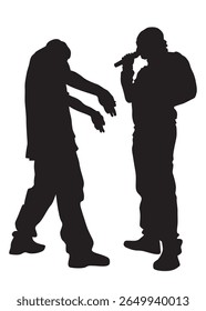 Young man with a microphone reads a rap. Stylized image on theme of hip hop