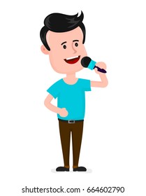 Young man with microphone singing in karaoke. Vector modern flat style cartoon character illustration. Isolated on white background