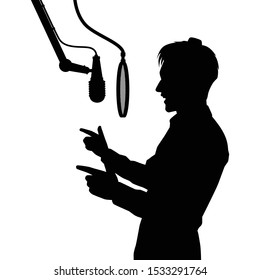 Young man with microphone in studio silhouette vector, radio broadcaster, singer.