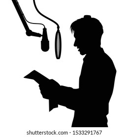 Young man with microphone in studio silhouette vector, radio broadcaster, singer.