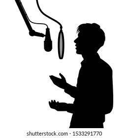 Young man with microphone in studio silhouette vector, radio broadcaster, singer.