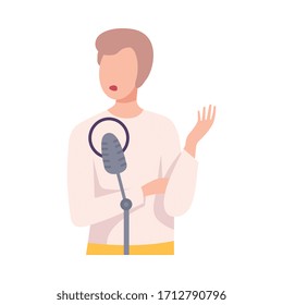 Young Man with Microphone Talking or Singing in Studio Flat Vector Illustration