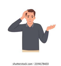Young man Migraine, stress, headache concept. Frustrated stressed man suffering from headache holding hands on head. Flat vector illustration isolated on white background