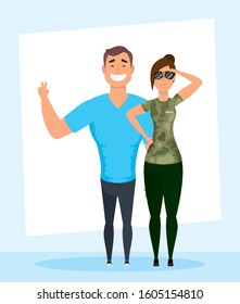 young man with military woman characters vector illustration design