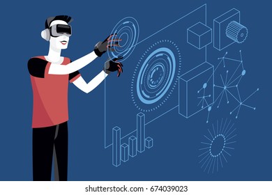 Young Man (Millennial teenager) wearing Virtual Reality Glasses and gloves. 