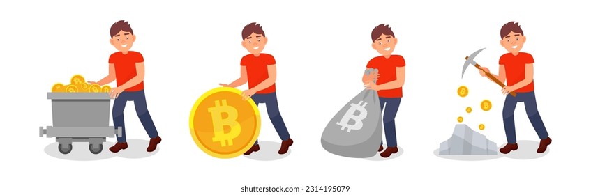 Young Man Mining Bitcoin as Virtual Money Vector Illustration Set.