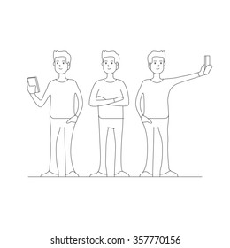 Young man with mobile device Selfie Character set Vector illustration