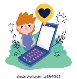 young man with mobile love message social media vector illustration