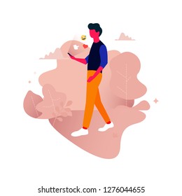 Young man with mobile phone. Flat illustration man with smartphone messaging with emojis - Vector