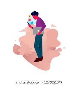 Young man with mobile phone. Flat illustration man with smartphone messaging with emojis - Vector