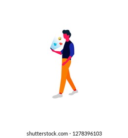 Young man with mobile phone. Flat illustration man with smartphone messaging with emojis - Vector