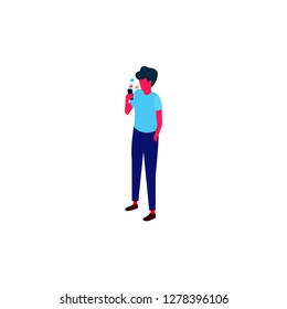 Young man with mobile phone. Flat illustration man with smartphone messaging with emojis - Vector