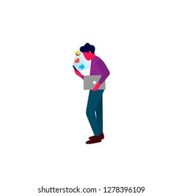 Young man with mobile phone. Flat illustration man with smartphone messaging with emojis - Vector